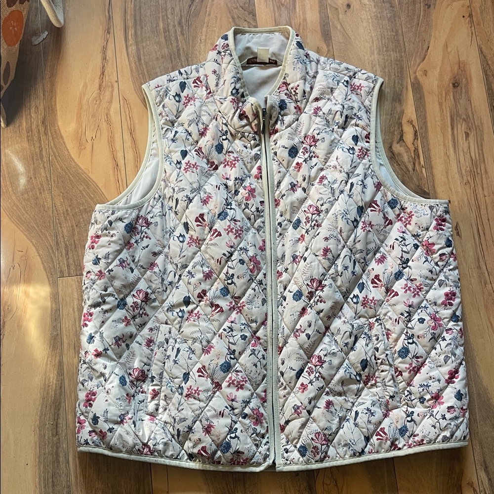 Coldwater Creek Floral Quilted Vest - Cream, Blue, Pink